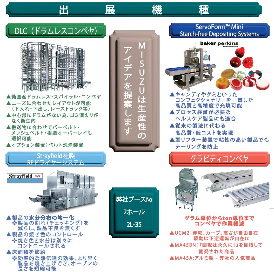 出展機器 MISUZUは生産性のアイデアを提案します 弊社ブース 2ホール 2L-35 
DLC(ドラムレスコンベヤ）純国産ドラムレス・スパイラル・コンベヤ ニーズに合わせたレイアウトが可能
（下入れ・下出し、レーストラック等） 中心部にドラムがない為、ゴミ溜まりがなく衛生的 搬送物に合わせてバーベルト・メッシュベルト・樹脂オーバーレイも選択可能 オプション装置：ベルト洗浄装置 
ServoForm™ Mini Starch-free Depositing Systems キャンディやグミといったコンフェクショナリーを一貫した高品質と高精度で充填可能 
プロセス検証が必要なヘルスケア製品にも適合 従来の製法に代わる高品質・低コストを実現 型リフター装置で粘性の高い製品でもテーリングを防止 
Strayfield社製RFドライヤーシステム 製品の水分分布の均一化 製品の割れ（チェッキング）を減らし、製品不良を無くす 
製品の焼き色のコントロール 焼き色と水分は別々にコントロールされる 床面積を節約 効率的な熱伝達の効果、より早く製品を焼き上げでき、オーブンの長さを短縮可能 
グラビティコンベヤ グラム単位からton単位までコンベヤで作業軽減 UCM2：伸縮、カーブ、高さが自由自在 駆動は正逆運転が自在に 
MA45BN：『回転は永久に！』を目指して開発された商品 MA45A:アルミ製 - 弊社の人気商品